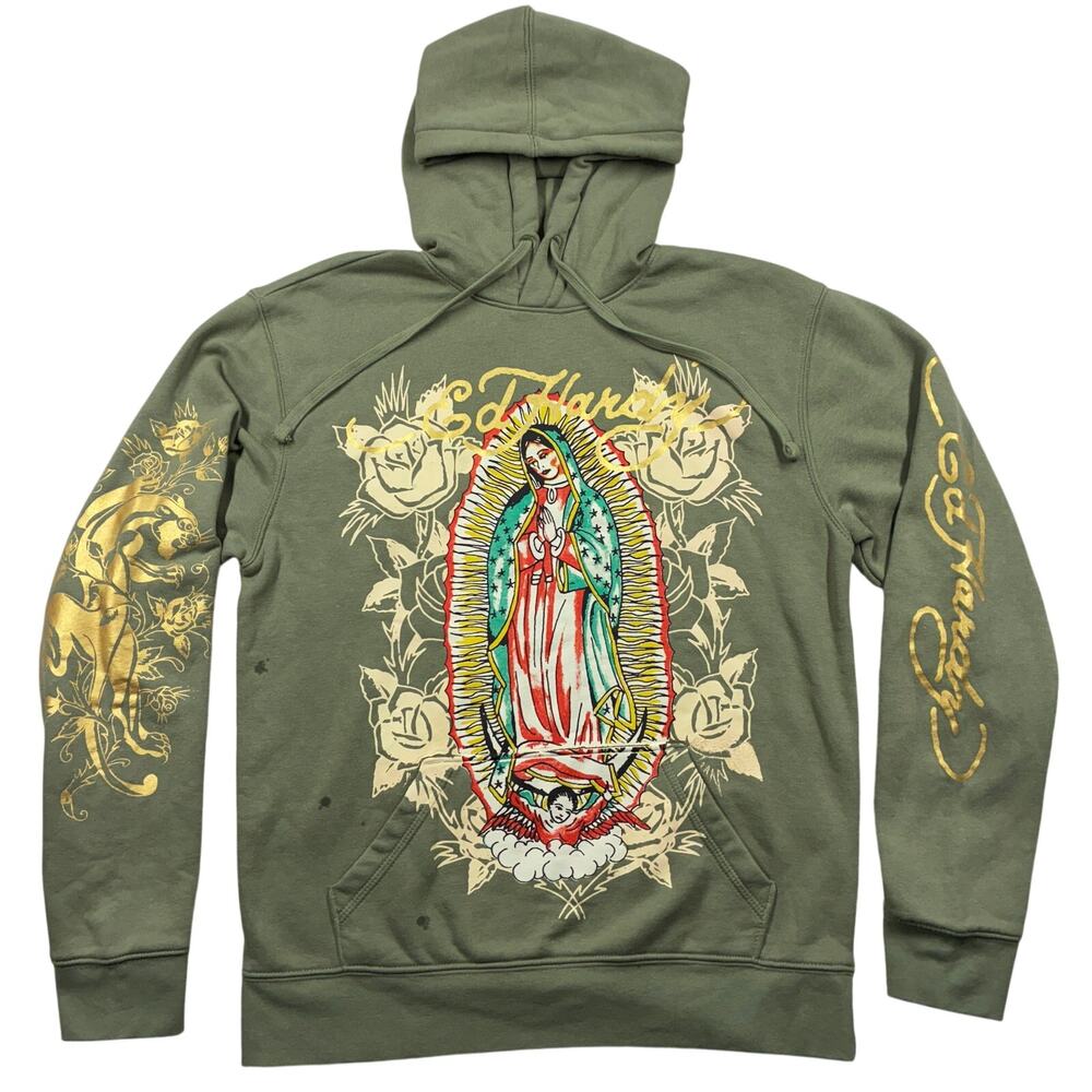 Ed Hardy Mary Roses Hoodie Small Sage Virgin Mary Oversized Double Sided Grunge